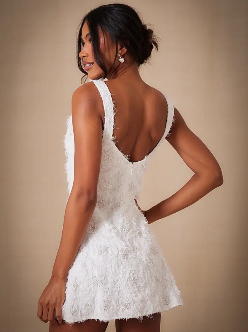 PrettyLittleThing White Fuzzy Beaded Mini Dress - Picture 2 of 6